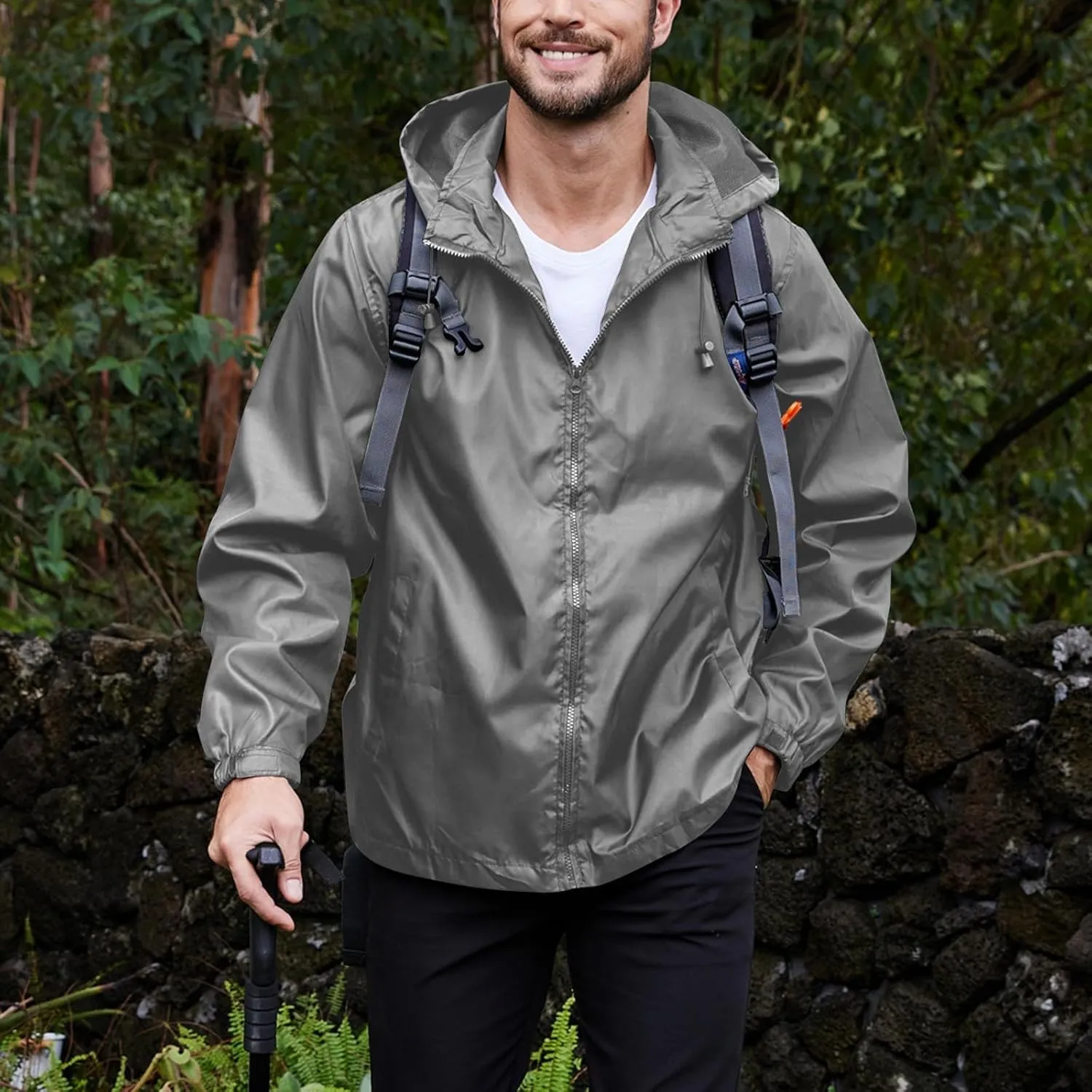 Mens Rain Jacket Packable Full-Zip Hooded Waterproof Windbreaker Lightweight Golf Outdoor Hiking Travel Cycling Coat