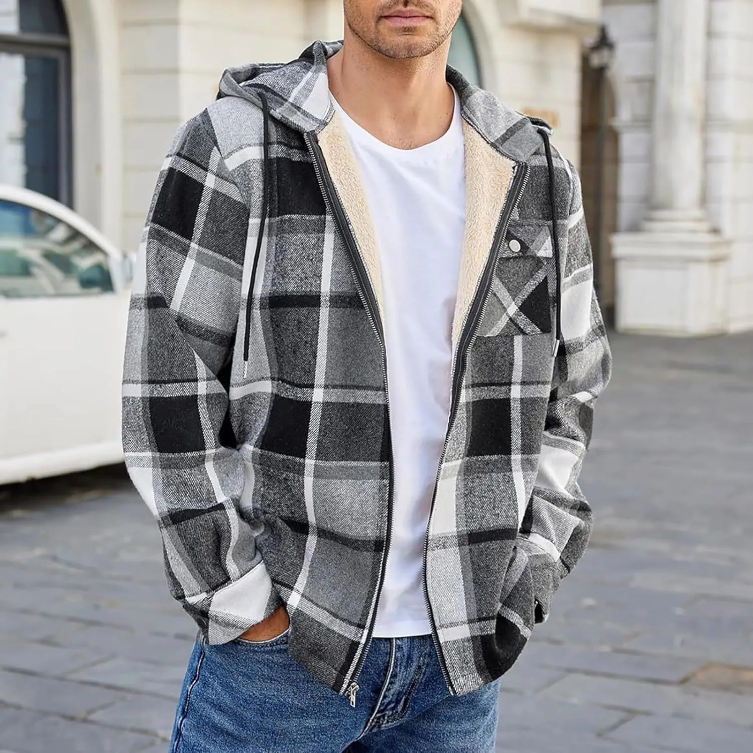 Mens Sherpa Hoodie Full-Zip Casual Thermal Hoodies Warm Thick Fleece Hooded