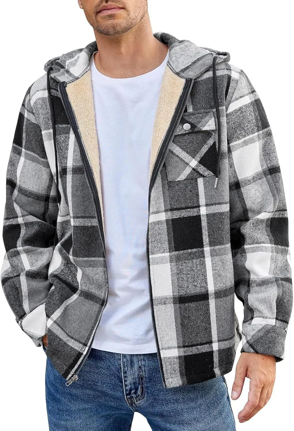 Mens Sherpa Hoodie Full-Zip Casual Thermal Hoodies Warm Thick Fleece Hooded