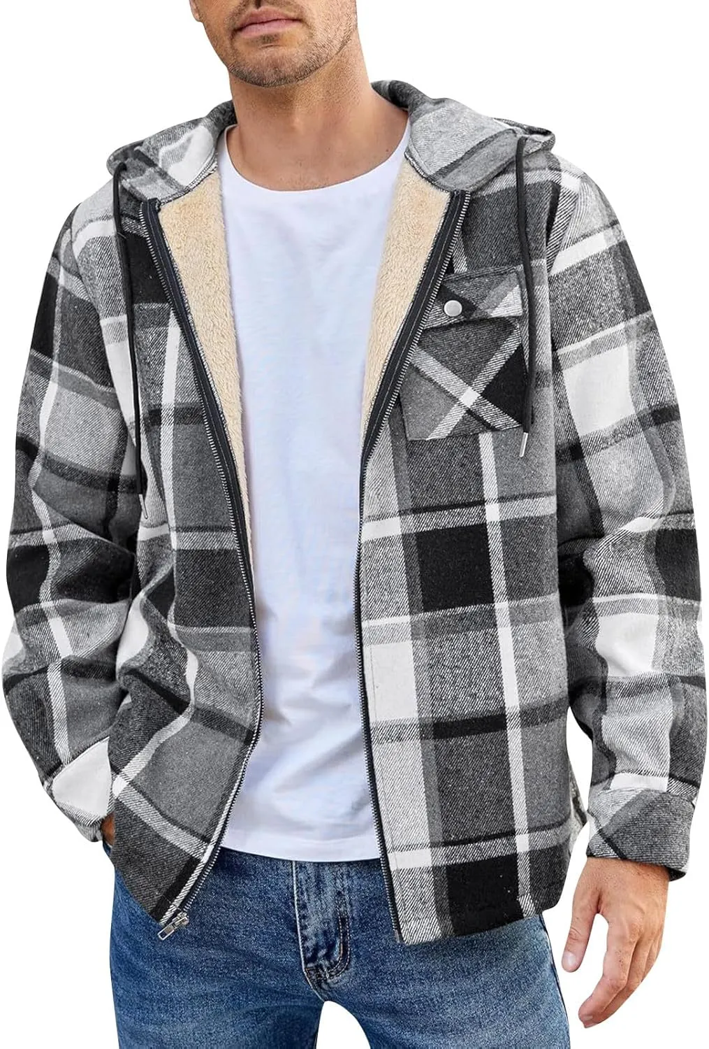 Mens Sherpa Hoodie Full-Zip Casual Thermal Hoodies Warm Thick Fleece Hooded