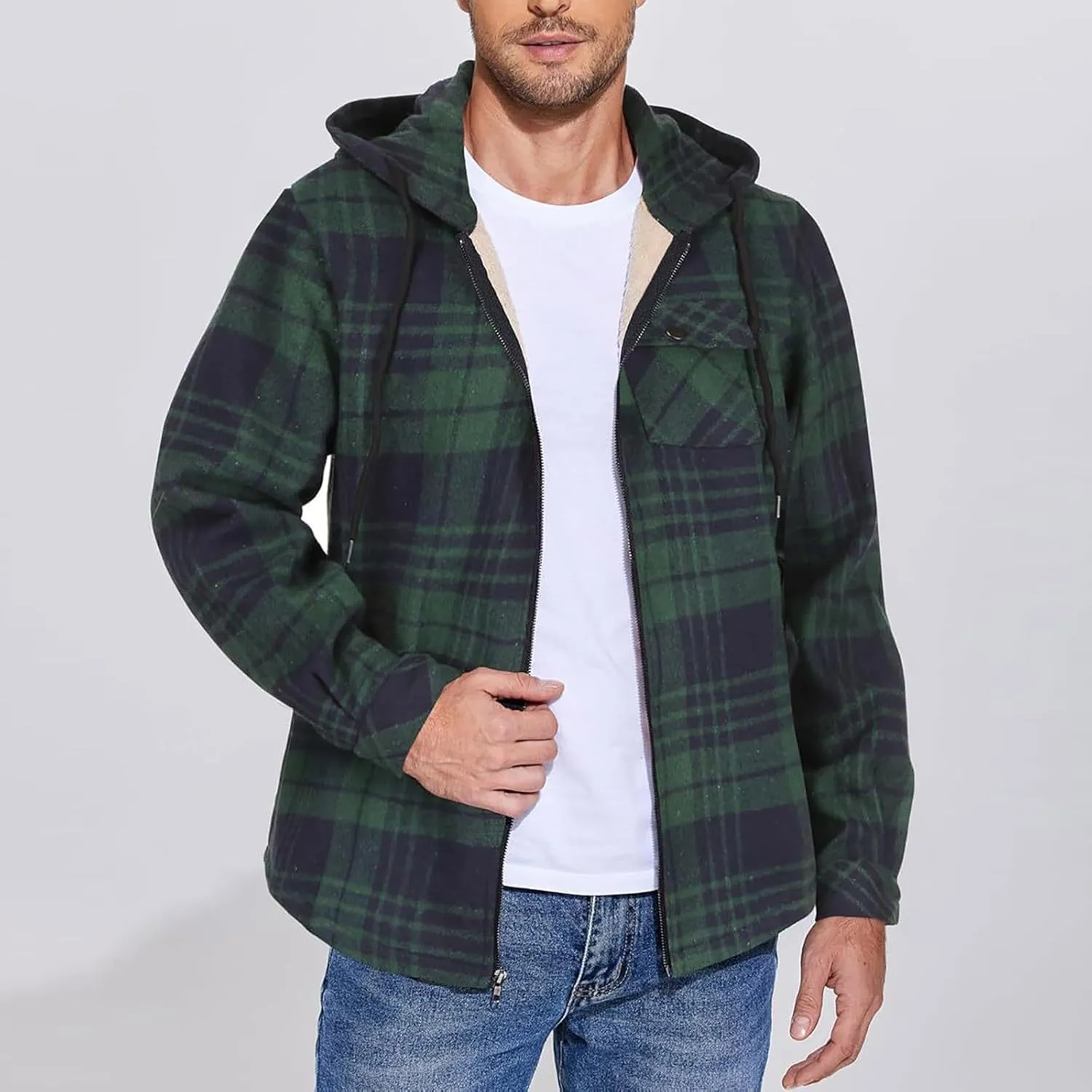 Mens Sherpa Hoodie Full-Zip Casual Thermal Hoodies Warm Thick Fleece Hooded