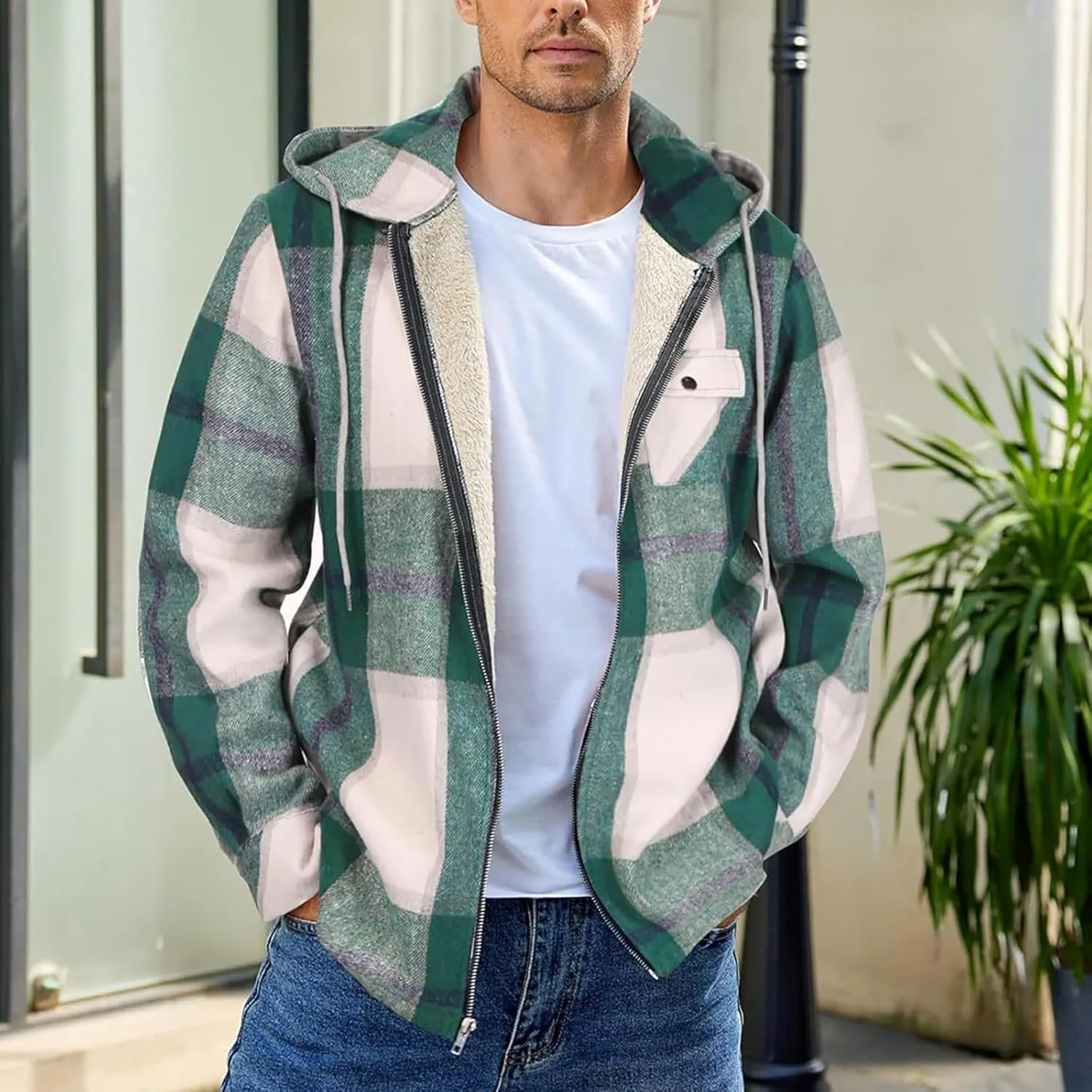 Mens Sherpa Hoodie Full-Zip Casual Thermal Hoodies Warm Thick Fleece Hooded