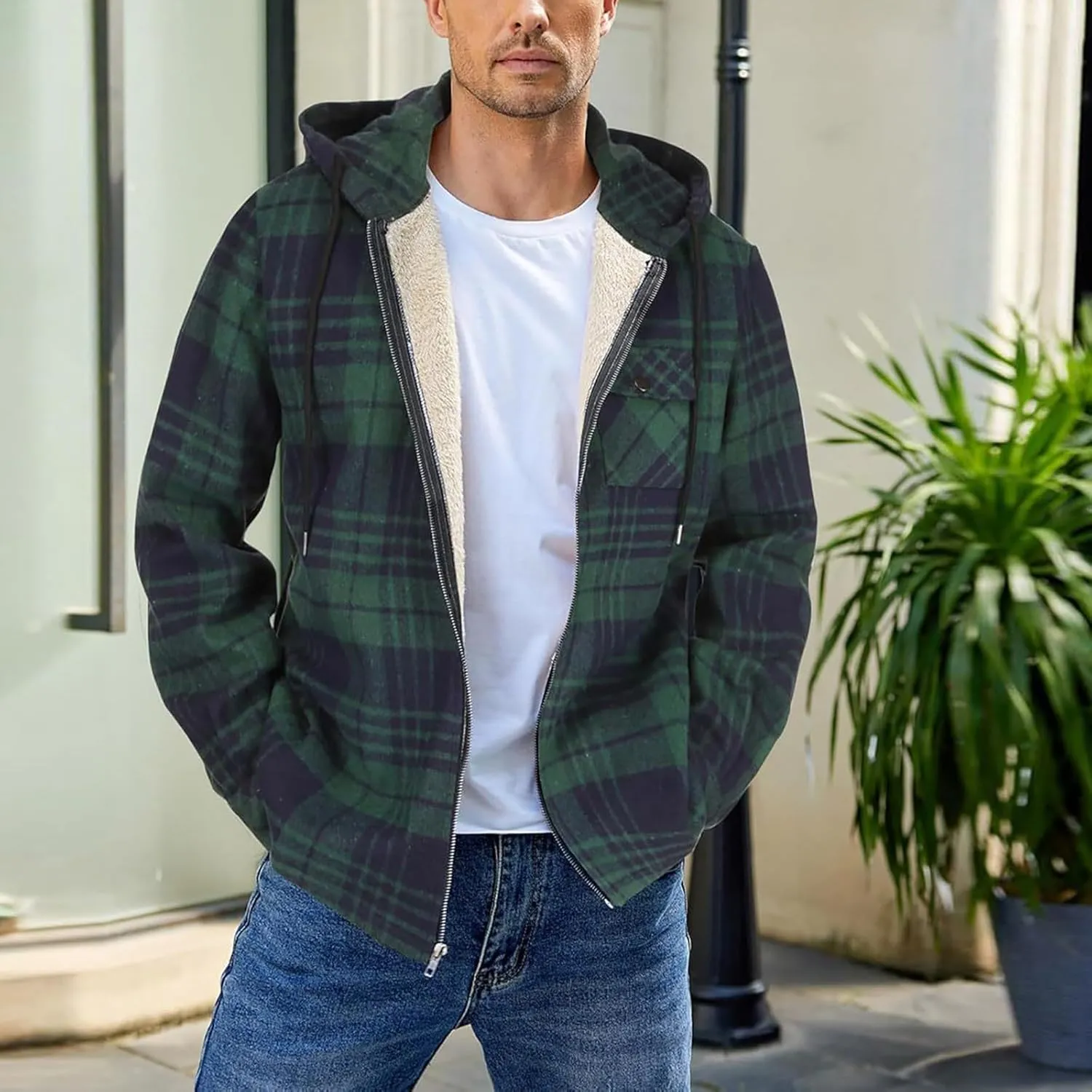 Mens Sherpa Hoodie Full-Zip Casual Thermal Hoodies Warm Thick Fleece Hooded