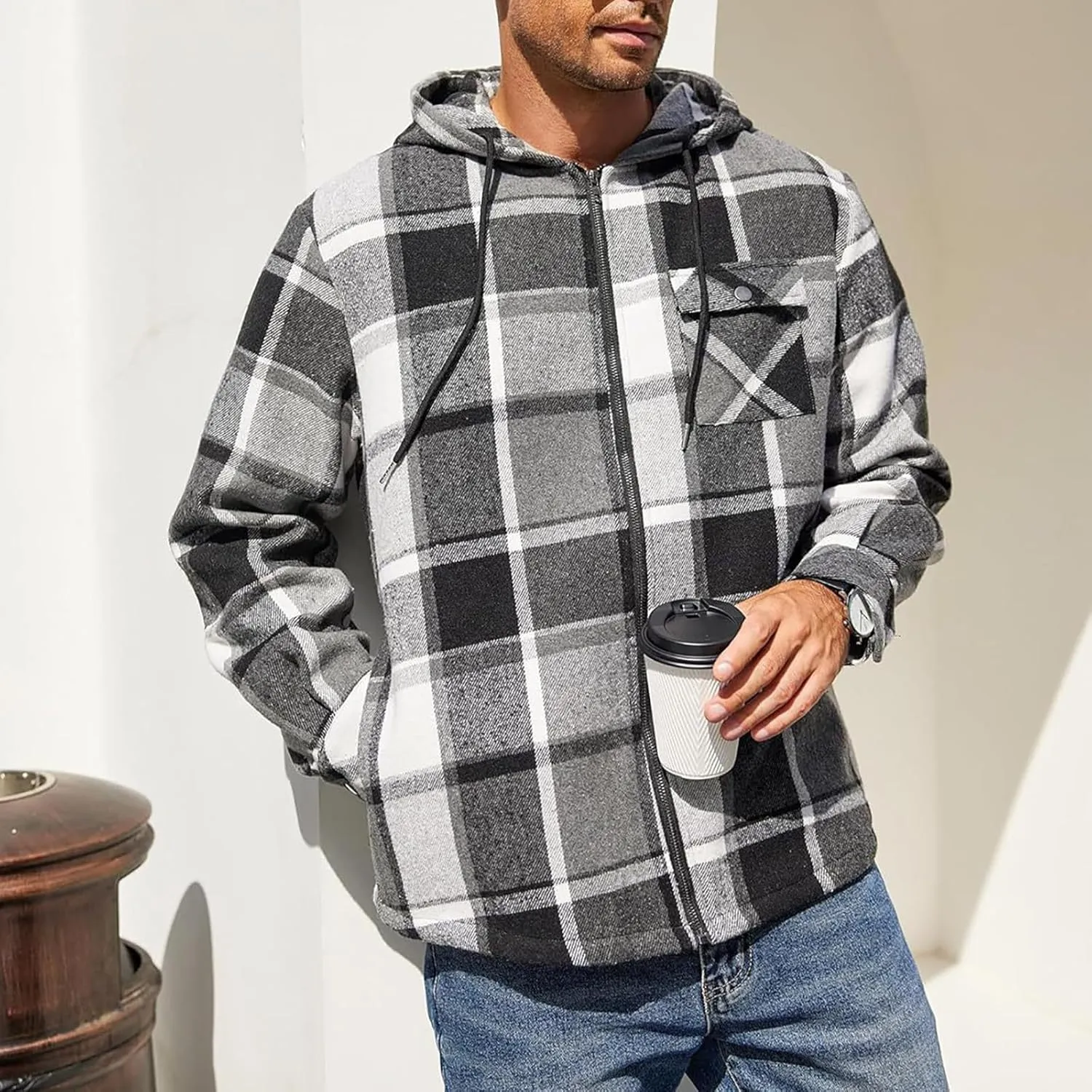 Mens Sherpa Hoodie Full-Zip Casual Thermal Hoodies Warm Thick Fleece Hooded