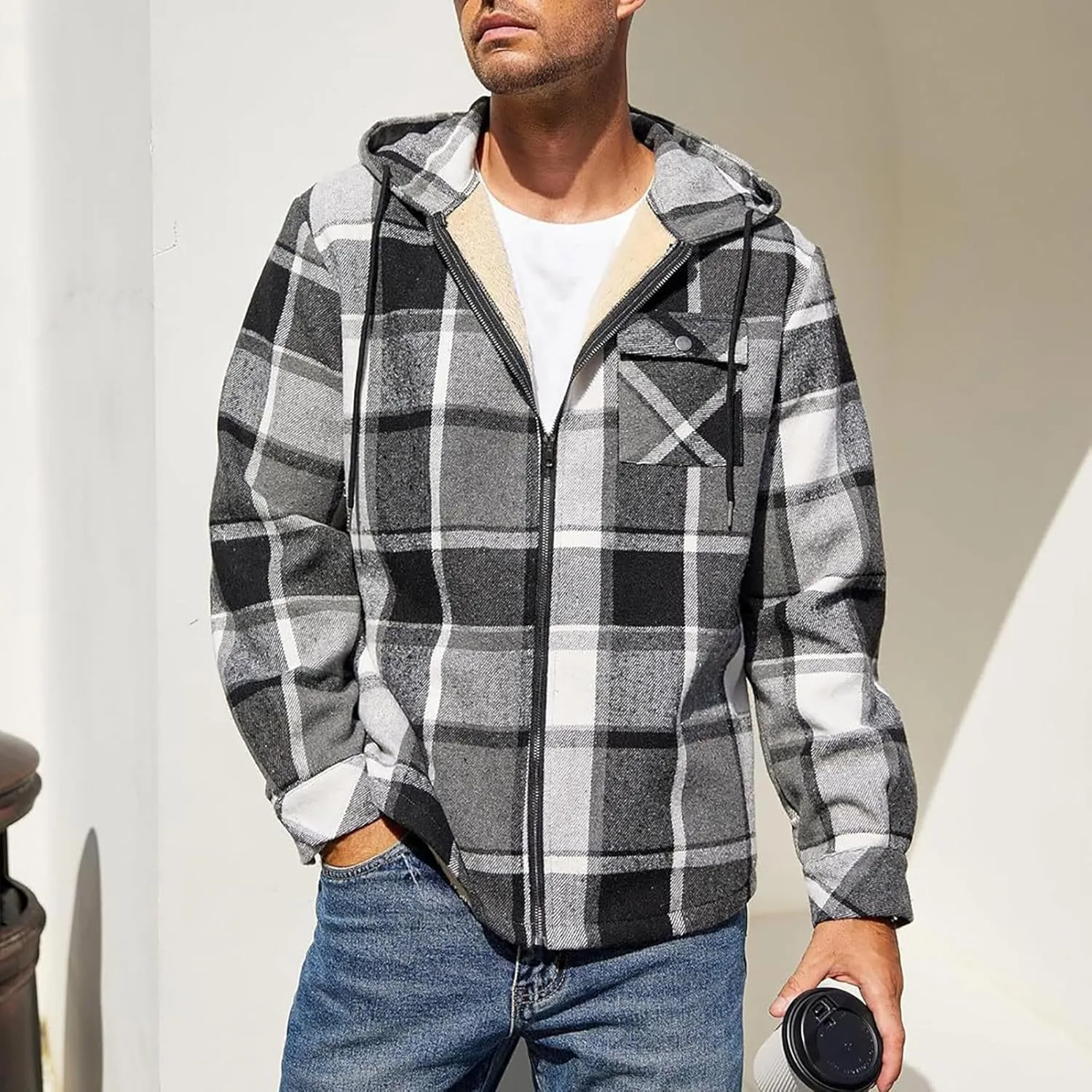 Mens Sherpa Hoodie Full-Zip Casual Thermal Hoodies Warm Thick Fleece Hooded