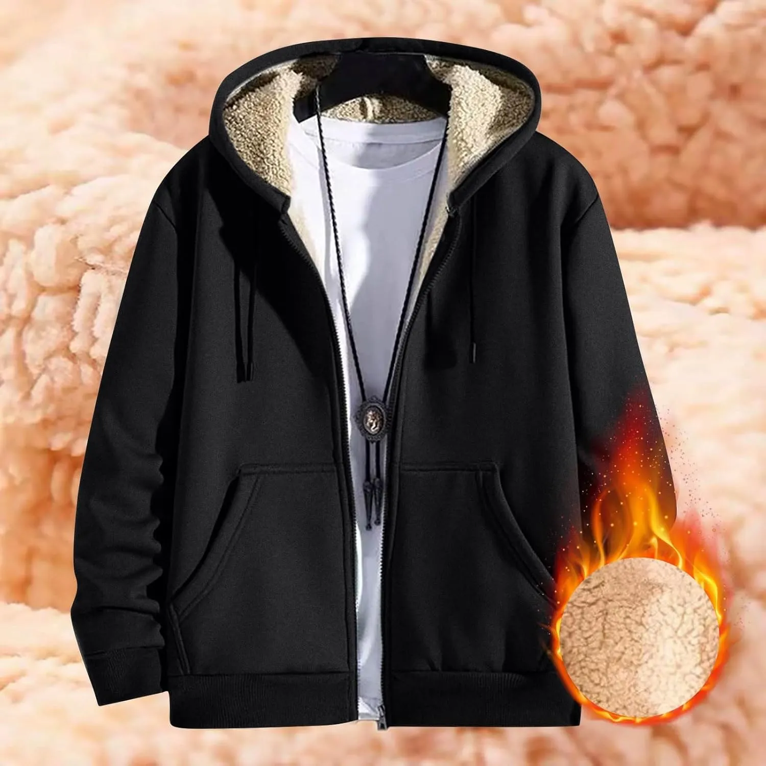 Mens Sherpa Lined Hoodie Zip Up Fleece Thermal Hoodies Casual Winter Heavyweight Sweatshirt
