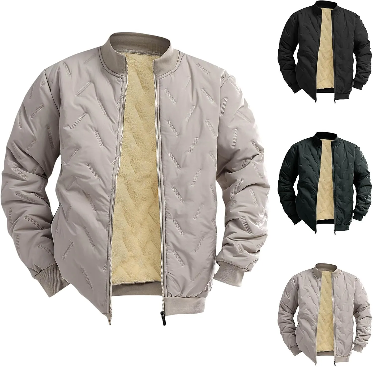 Men's Sherpa Lined Jacket Zip Up Stand Collar Bomber Jacket Quilted Down Windbreak Coat Fashion Trendy Coat Tops