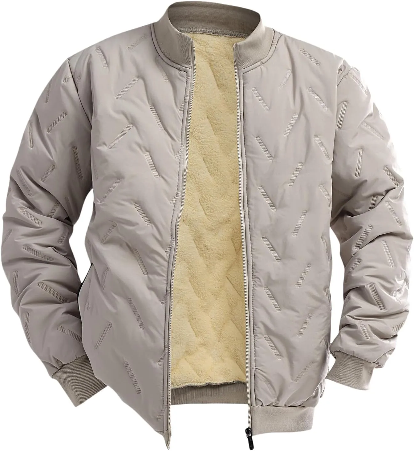 Men's Sherpa Lined Jacket Zip Up Stand Collar Bomber Jacket Quilted Down Windbreak Coat Fashion Trendy Coat Tops