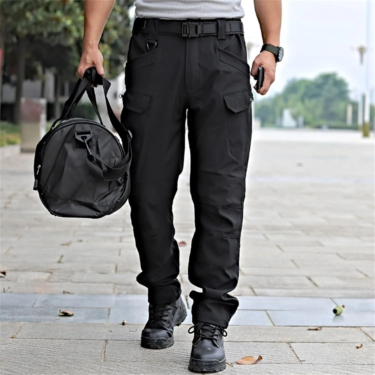 Men's Tactical Cargo Pants Solid Color Straight Leg Pants Flat Front Athletic Trousers for Outdoor Training Running