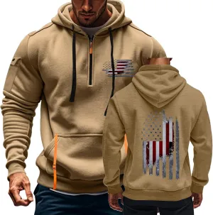 Mens Tactical Hooded Sweatshirt For Long Sleeve Oversized Sport Multi-Pockets Vintage American Flag Graphic Military Hoodies