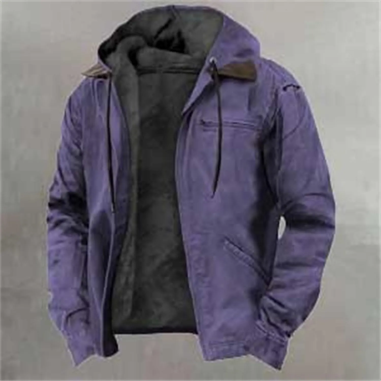 Men's Vintage Sherpa Jacket Fleece Lined Windbreaker Winter Casual Trend Zipper Hooded Coat Heavy Work Warm Outerwear