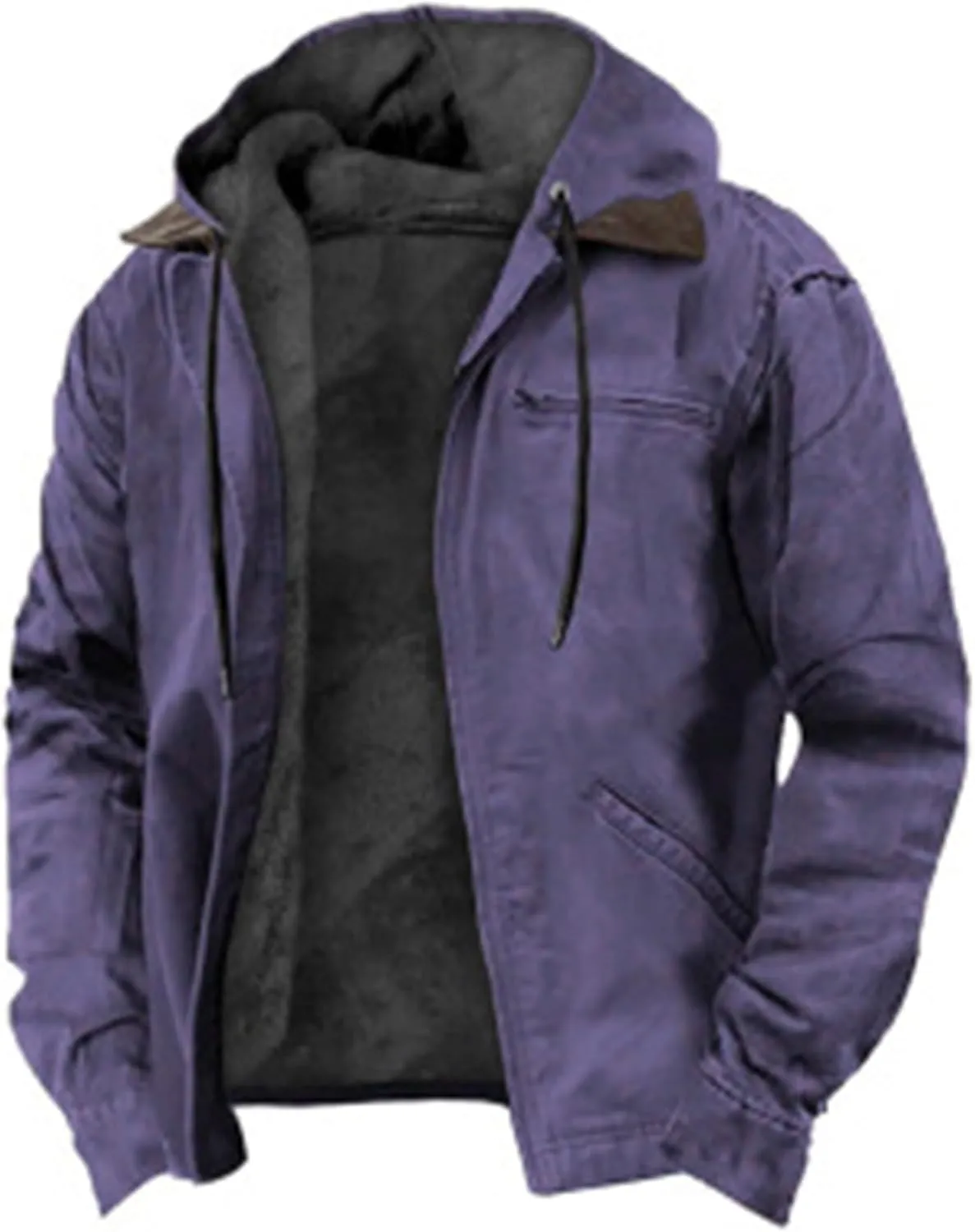 Men's Vintage Sherpa Jacket Fleece Lined Windbreaker Winter Casual Trend Zipper Hooded Coat Heavy Work Warm Outerwear