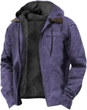 Men's Vintage Sherpa Jacket Fleece Lined Windbreaker Winter Casual Trend Zipper Hooded Coat Heavy Work Warm Outerwear