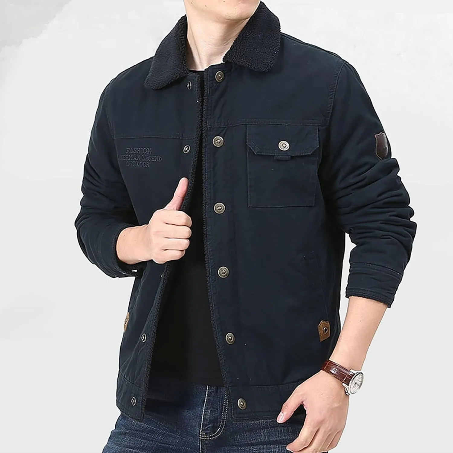 Mens Winter Cargo Bomber Jacket Sherpa Fleece Lined Lapel Button Down Trucker Jackets Thick Warm Work Coats Outerwear