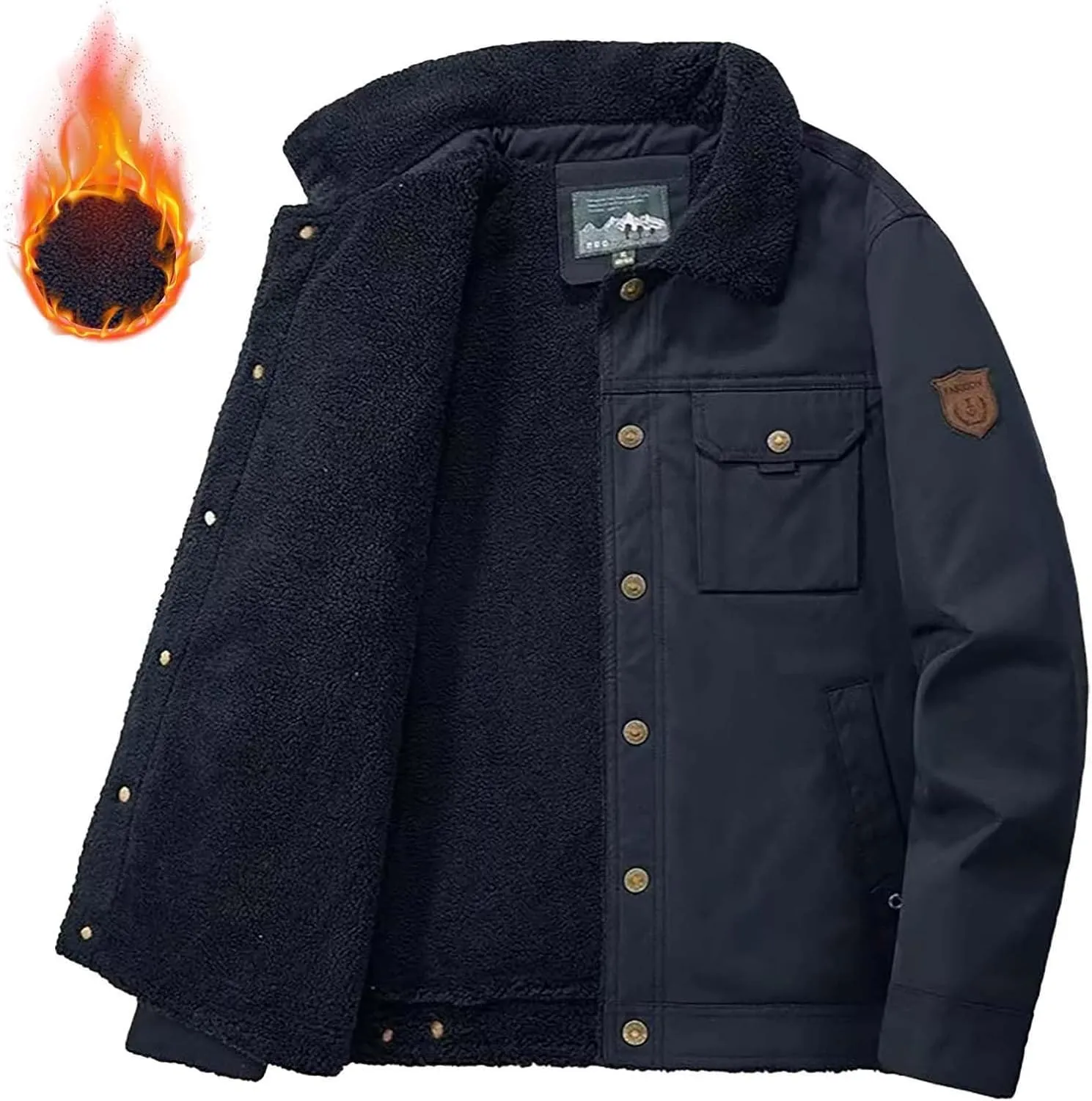 Mens Winter Cargo Bomber Jacket Sherpa Fleece Lined Lapel Button Down Trucker Jackets Thick Warm Work Coats Outerwear