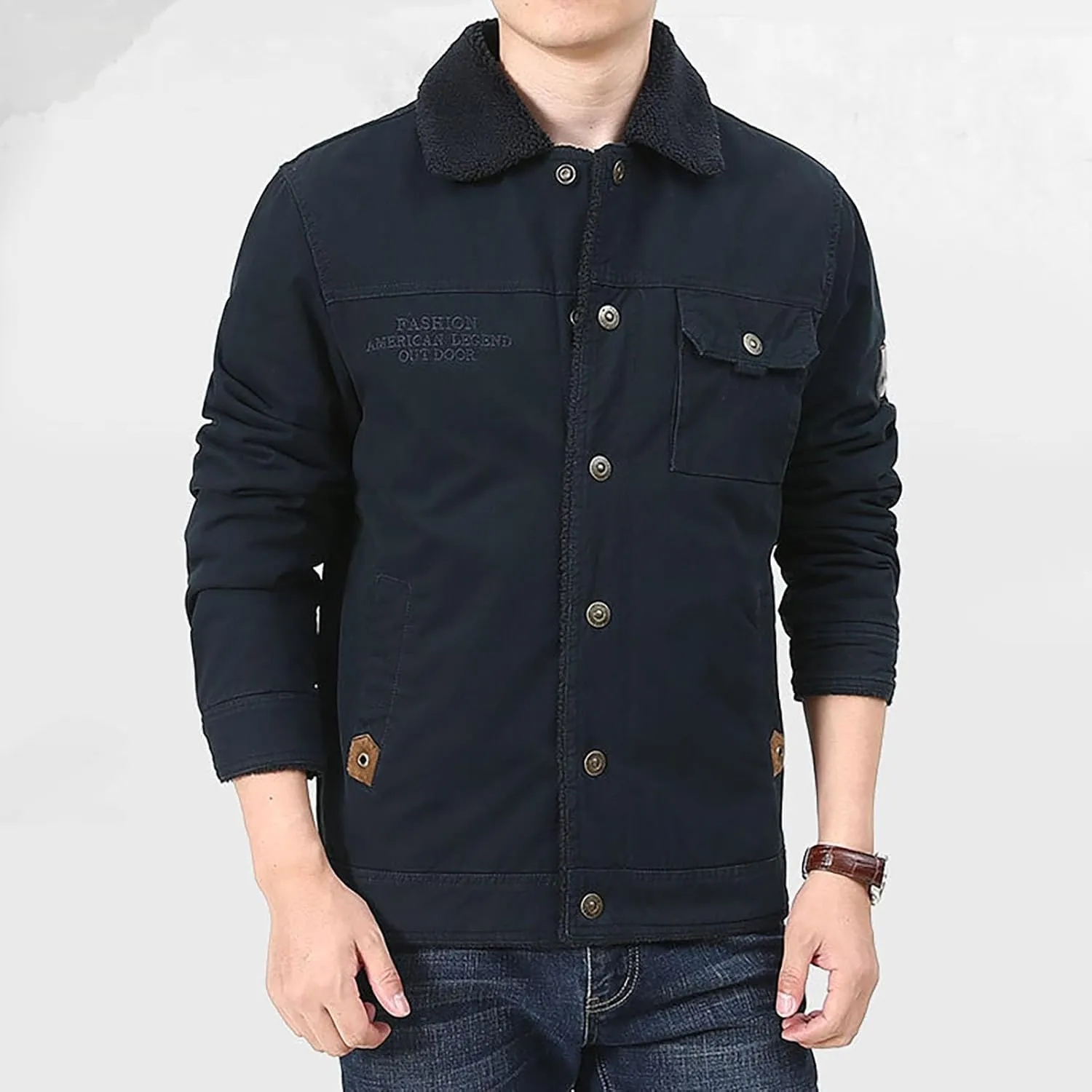 Mens Winter Cargo Bomber Jacket Sherpa Fleece Lined Lapel Button Down Trucker Jackets Thick Warm Work Coats Outerwear