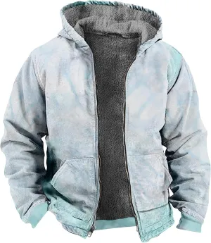 Men'S Winter Coats Tie-Dye Print Zipper Hooded Warm Windbreaker Jackets Oversized Heavy Hoodie