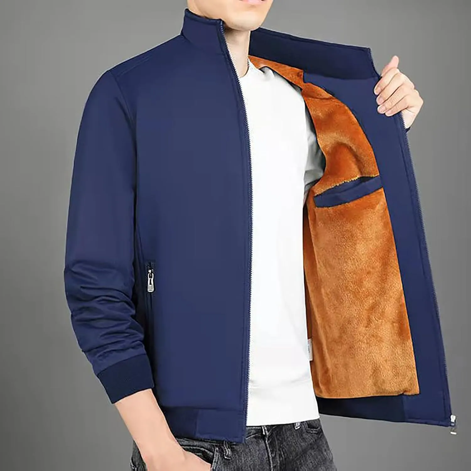 Mens Winter Golf Jackets Sherpa Lined Stand Collar Full Zip Warm Windbreaker Jackets Winter Softshell Bomber Jacket