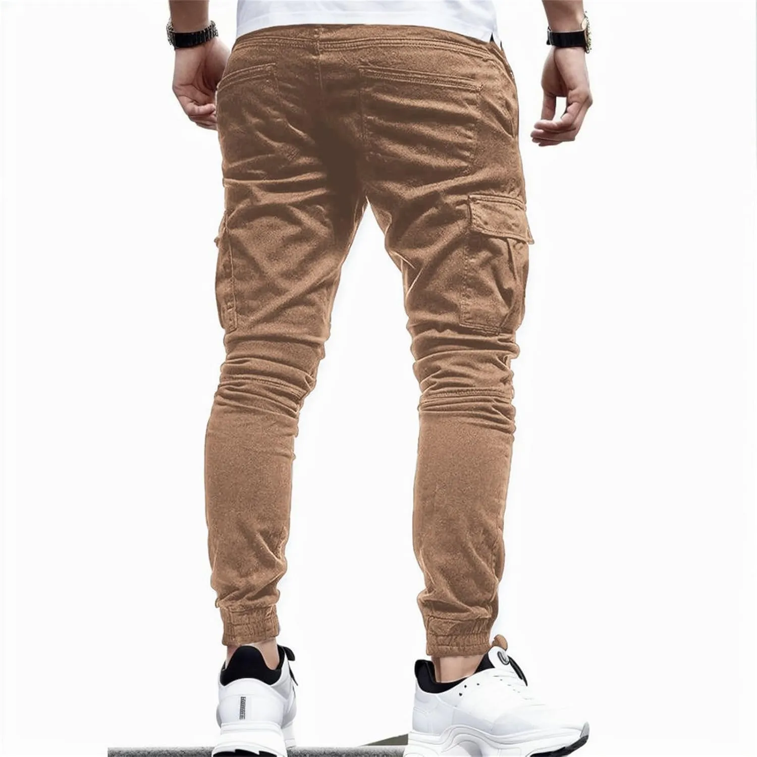Men's Workout Cargo Pants Drawstring Elastic Waist Joggers Hiking Outdoor Athletic Sweatpants with Pockets Trousers