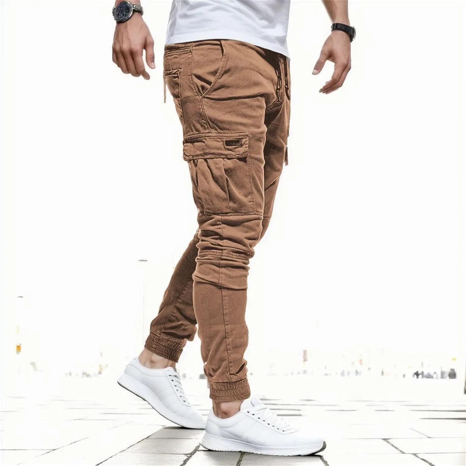 Men's Workout Cargo Pants Drawstring Elastic Waist Joggers Hiking Outdoor Athletic Sweatpants with Pockets Trousers