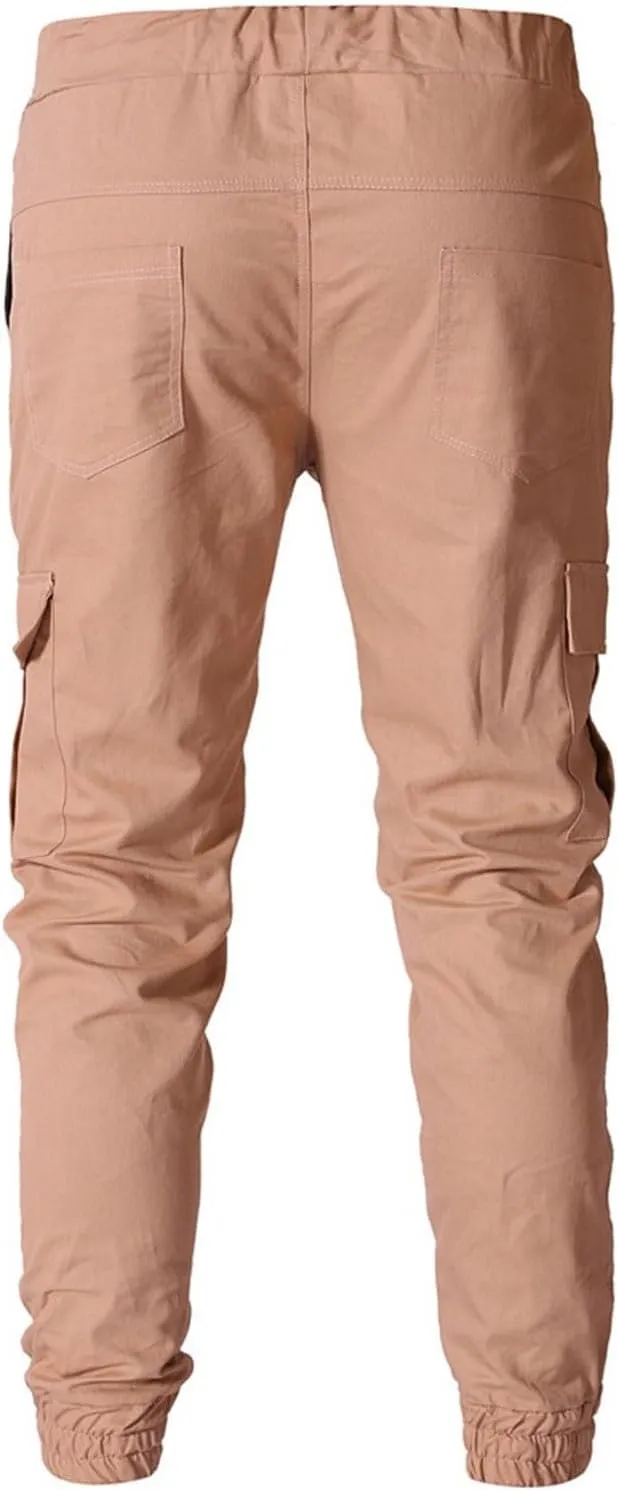 Men's Workout Cargo Pants Drawstring Elastic Waist Joggers Hiking Outdoor Athletic Sweatpants with Pockets Trousers