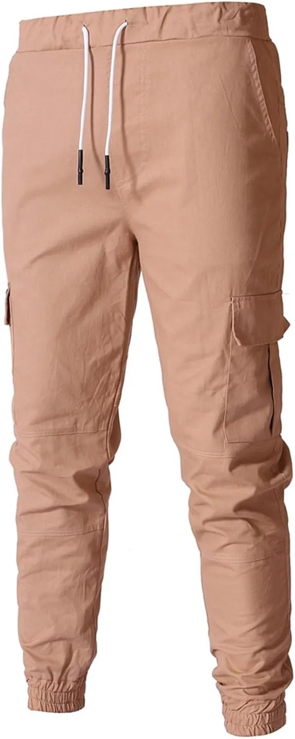 Men's Workout Cargo Pants Drawstring Elastic Waist Joggers Hiking Outdoor Athletic Sweatpants with Pockets Trousers