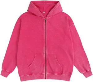 Men's Zip-Up Hoodies Solid Hip-Hop Y2K Oversize Wash Old Craft Basic Hoodies Heavyweight Casual Fit Sweatshirt