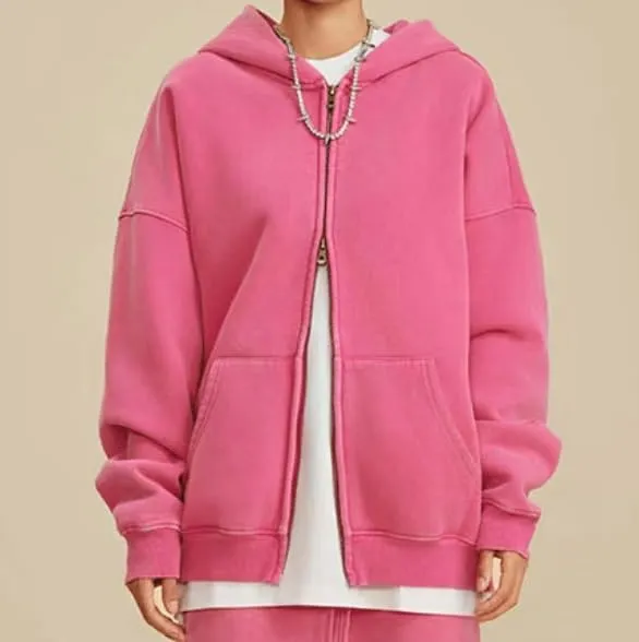 Men's Zip-Up Hoodies Solid Hip-Hop Y2K Oversize Wash Old Craft Basic Hoodies Heavyweight Casual Fit Sweatshirt