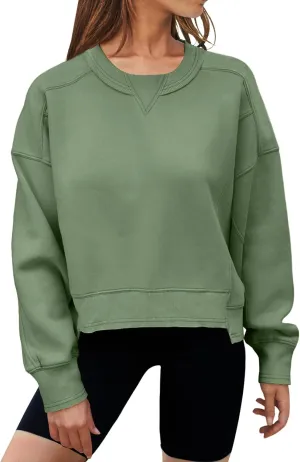 MEROKEETY Women's Oversized Cropped Sweatshirts Crewneck Fleece Workout Pullover Sweater Fall Outfits