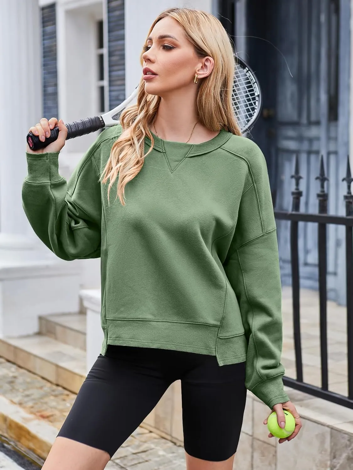 MEROKEETY Women's Oversized Cropped Sweatshirts Crewneck Fleece Workout Pullover Sweater Fall Outfits