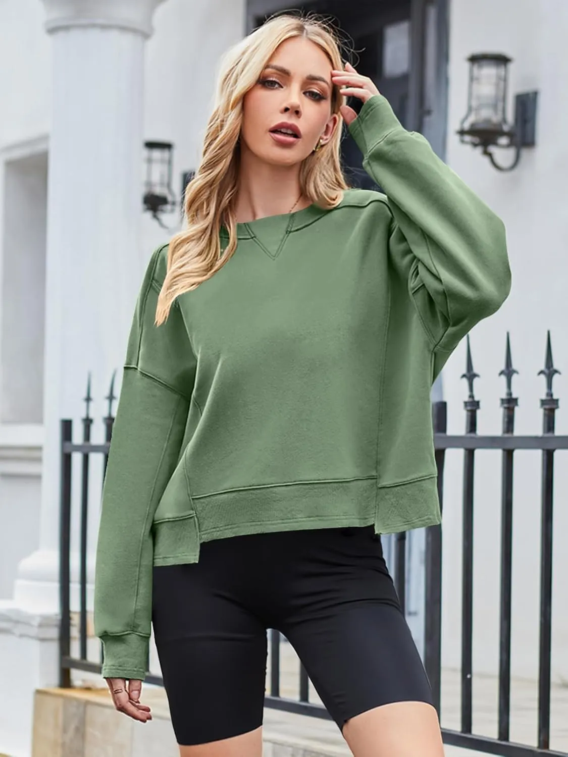 MEROKEETY Women's Oversized Cropped Sweatshirts Crewneck Fleece Workout Pullover Sweater Fall Outfits