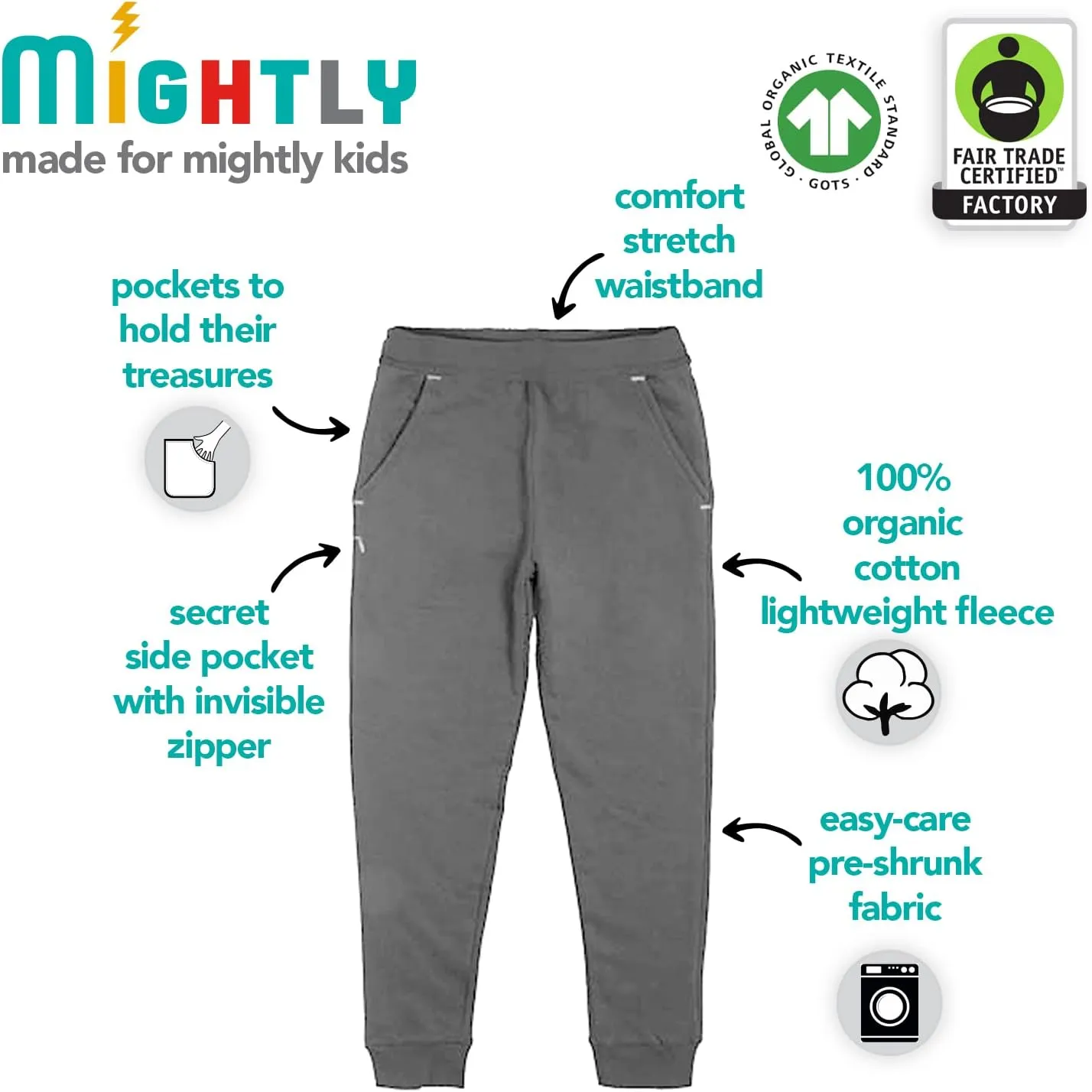 Mightly Boys and Girls' Sweatpants Joggers | Organic Cotton Joggers with Side Zipper Pocket - Soft & Comfortable Joggers