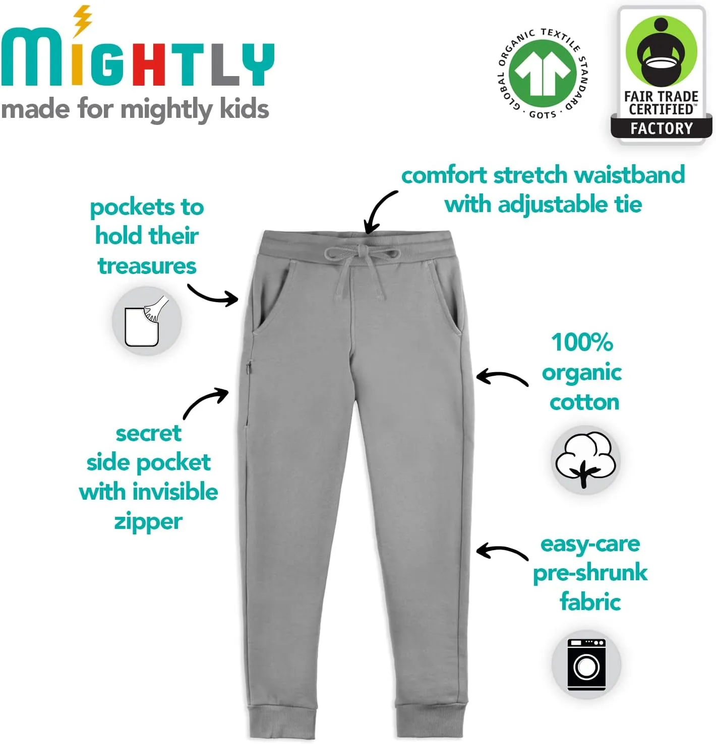 Mightly Boys and Girls' Sweatpants Joggers | Organic Cotton Joggers with Side Zipper Pocket - Soft & Comfortable Joggers