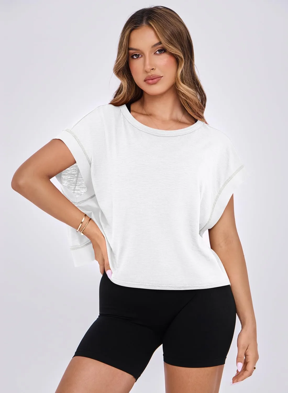 MIHOLL Womens Oversized Workout Crop Tops Open Back Casual Short Sleeve Crew Neck Cotton Loose Boxy Tshirts