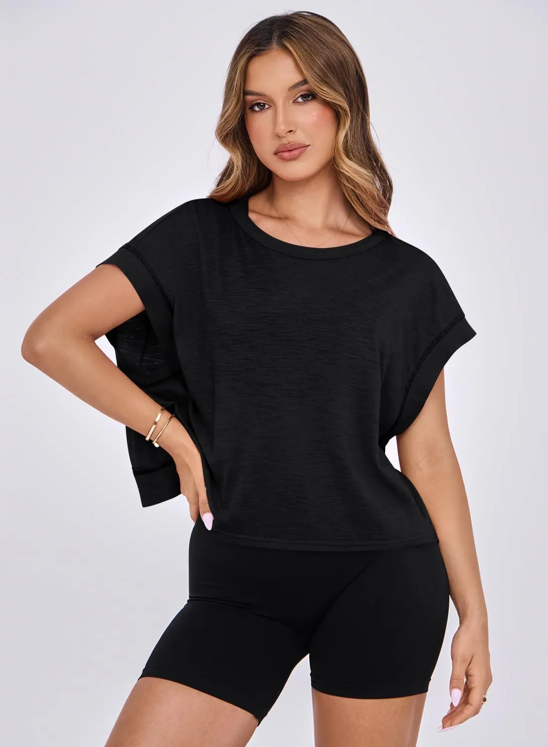 MIHOLL Womens Oversized Workout Crop Tops Open Back Casual Short Sleeve Crew Neck Cotton Loose Boxy Tshirts