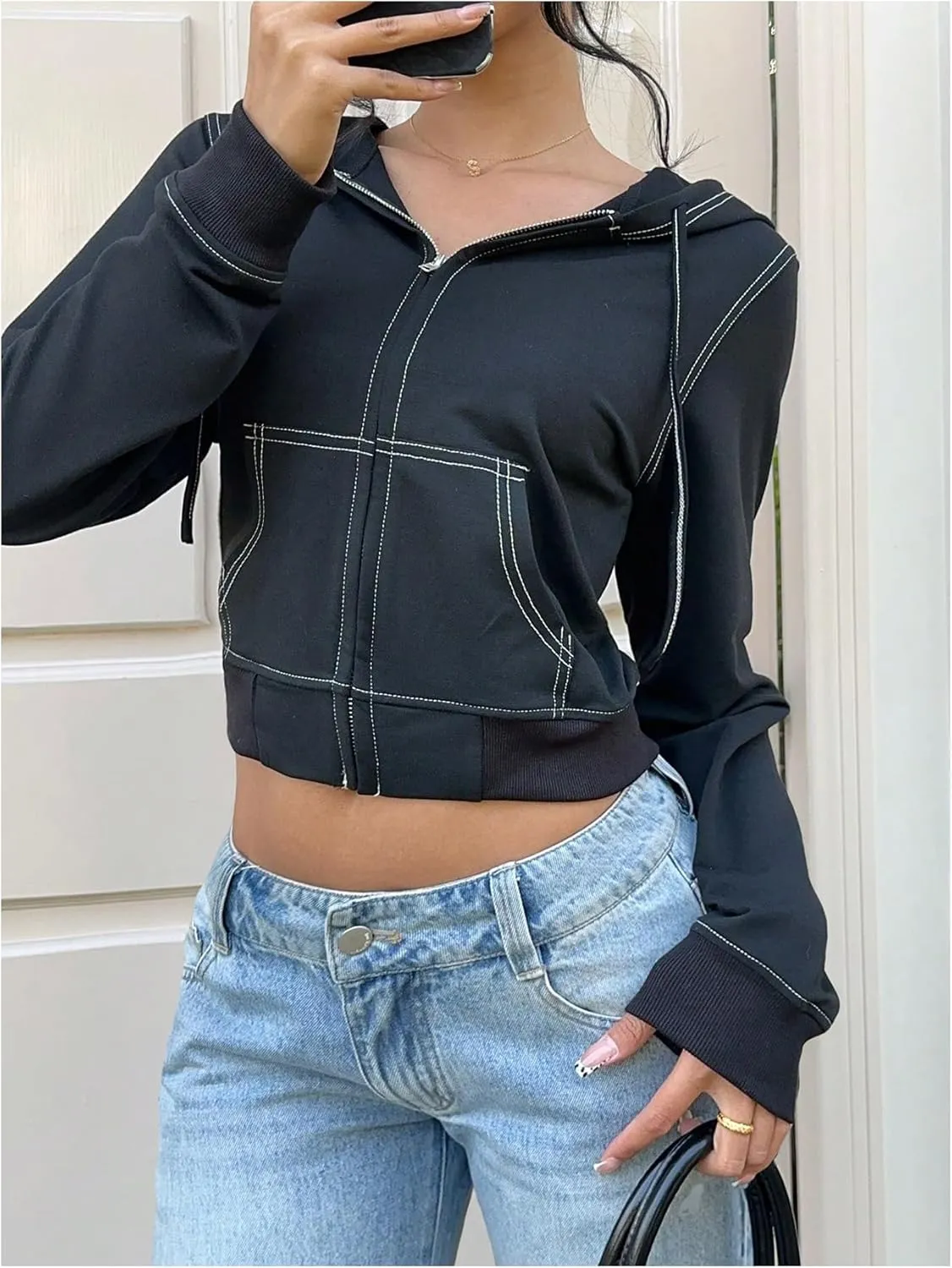 Milumia Women's Zipper Front Long Sleeve Hoodie Contrast Binding Cropped Sweatshirts Jacket