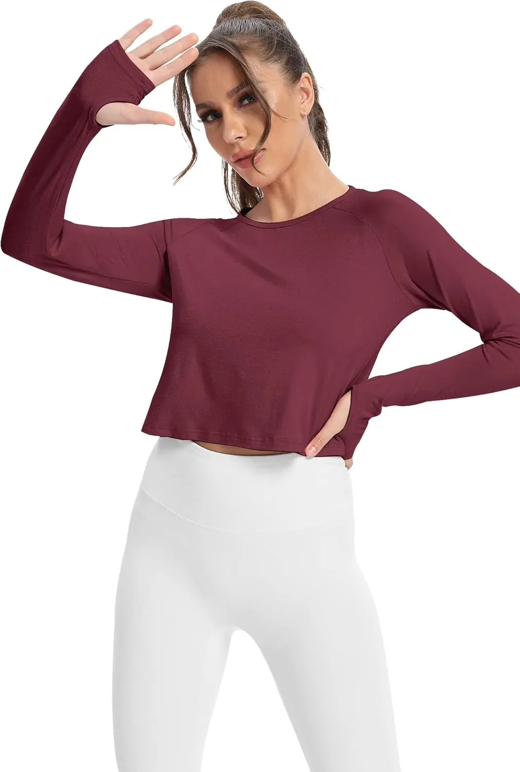 Mippo Long Sleeve Crop Top Workout Gym Athletic Shirts Thumb Hole Crewneck Cropped Sweatshirts