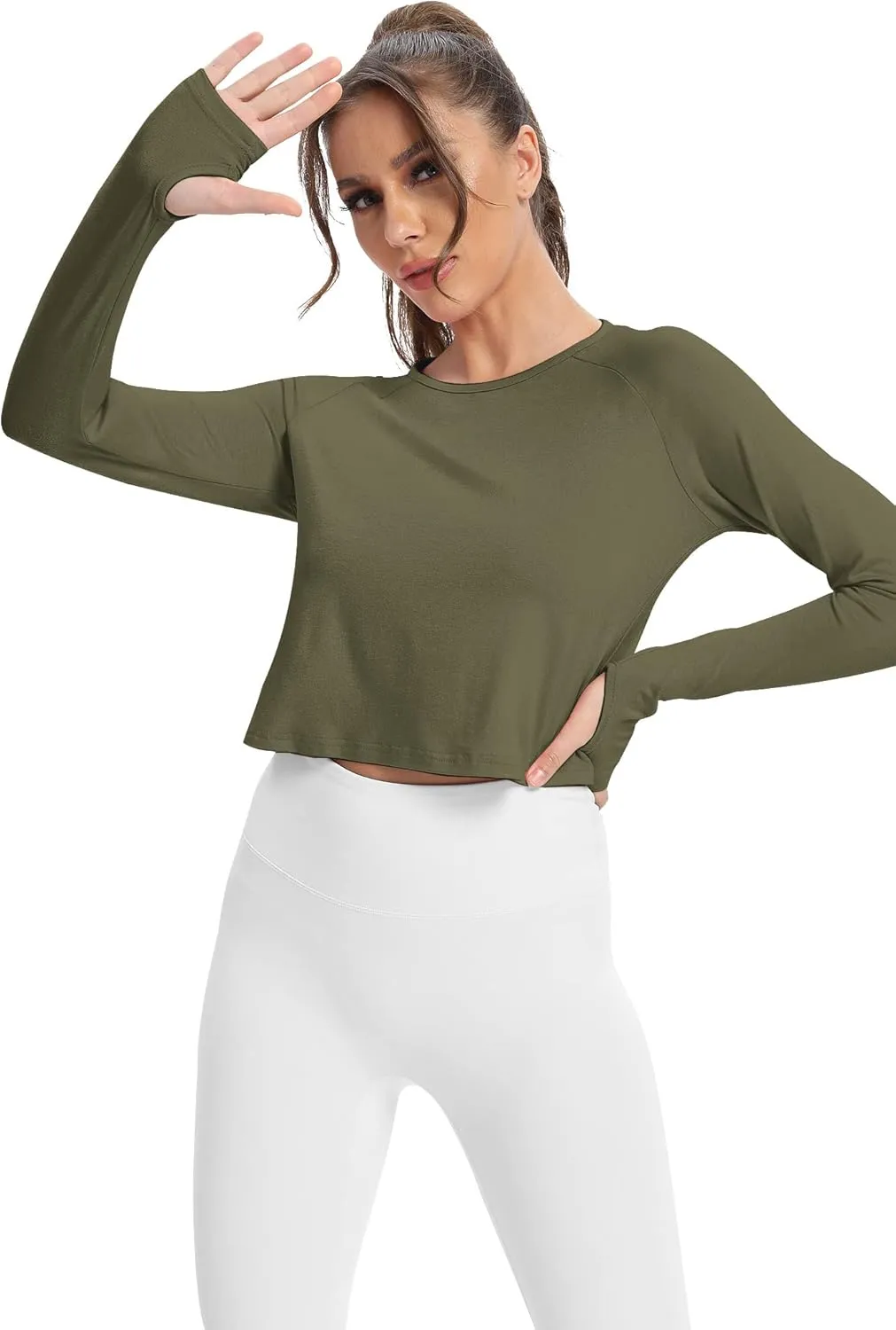 Mippo Long Sleeve Crop Top Workout Gym Athletic Shirts Thumb Hole Crewneck Cropped Sweatshirts