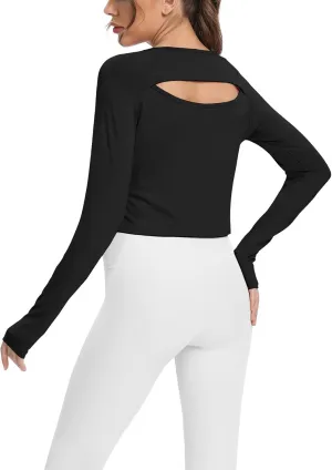 Mippo Long Sleeve Crop Top Workout Gym Athletic Shirts Thumb Hole Crewneck Cropped Sweatshirts