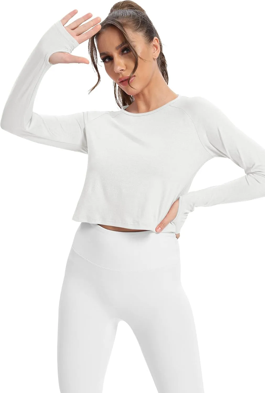 Mippo Long Sleeve Crop Top Workout Gym Athletic Shirts Thumb Hole Crewneck Cropped Sweatshirts