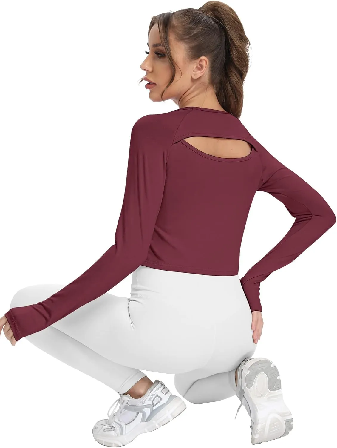 Mippo Long Sleeve Crop Top Workout Gym Athletic Shirts Thumb Hole Crewneck Cropped Sweatshirts