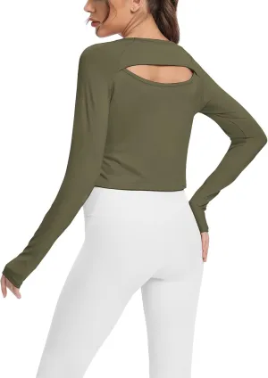 Mippo Long Sleeve Crop Top Workout Gym Athletic Shirts Thumb Hole Crewneck Cropped Sweatshirts