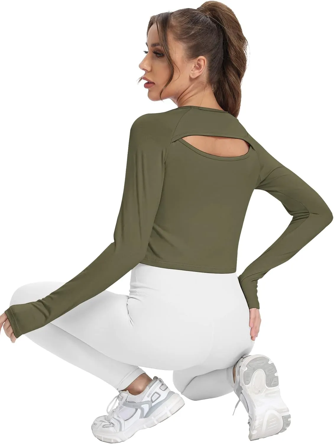 Mippo Long Sleeve Crop Top Workout Gym Athletic Shirts Thumb Hole Crewneck Cropped Sweatshirts