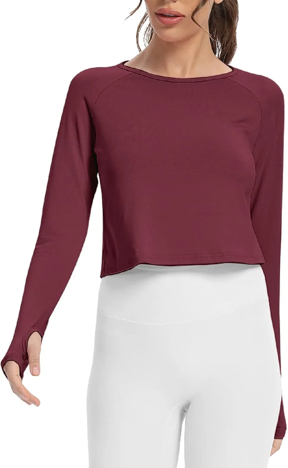Mippo Long Sleeve Crop Top Workout Gym Athletic Shirts Thumb Hole Crewneck Cropped Sweatshirts