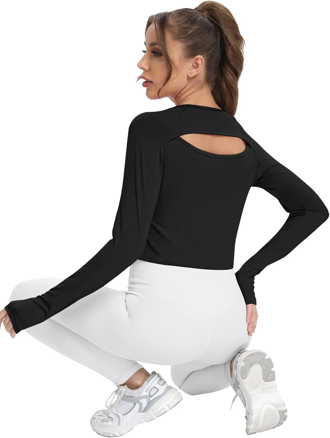 Mippo Long Sleeve Crop Top Workout Gym Athletic Shirts Thumb Hole Crewneck Cropped Sweatshirts
