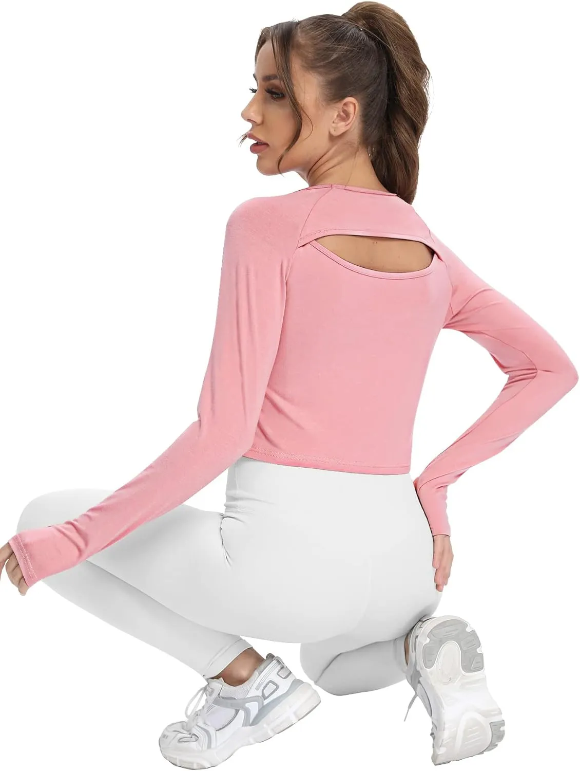 Mippo Long Sleeve Crop Top Workout Gym Athletic Shirts Thumb Hole Crewneck Cropped Sweatshirts