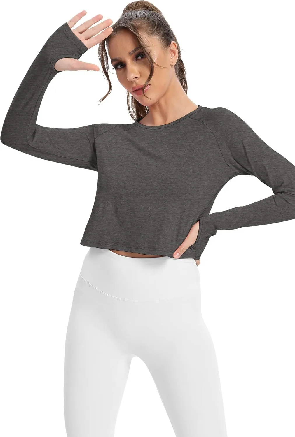 Mippo Long Sleeve Crop Top Workout Gym Athletic Shirts Thumb Hole Crewneck Cropped Sweatshirts