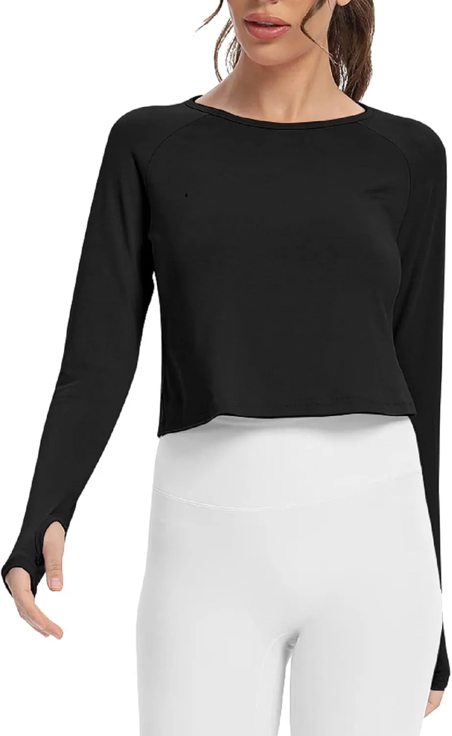 Mippo Long Sleeve Crop Top Workout Gym Athletic Shirts Thumb Hole Crewneck Cropped Sweatshirts