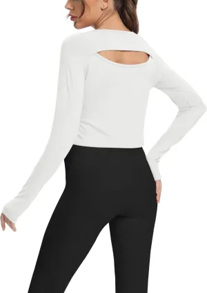 Mippo Long Sleeve Crop Top Workout Gym Athletic Shirts Thumb Hole Crewneck Cropped Sweatshirts