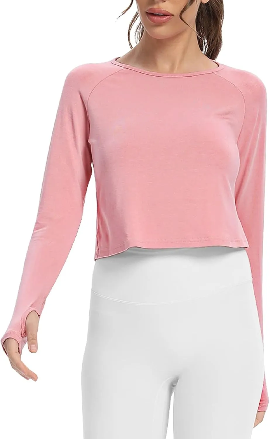 Mippo Long Sleeve Crop Top Workout Gym Athletic Shirts Thumb Hole Crewneck Cropped Sweatshirts